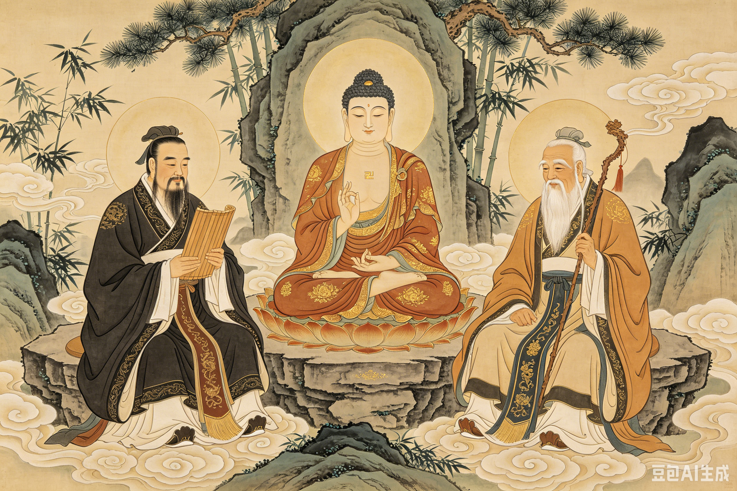 孔子释迦牟尼佛老子三圣图-虚空藏资源网