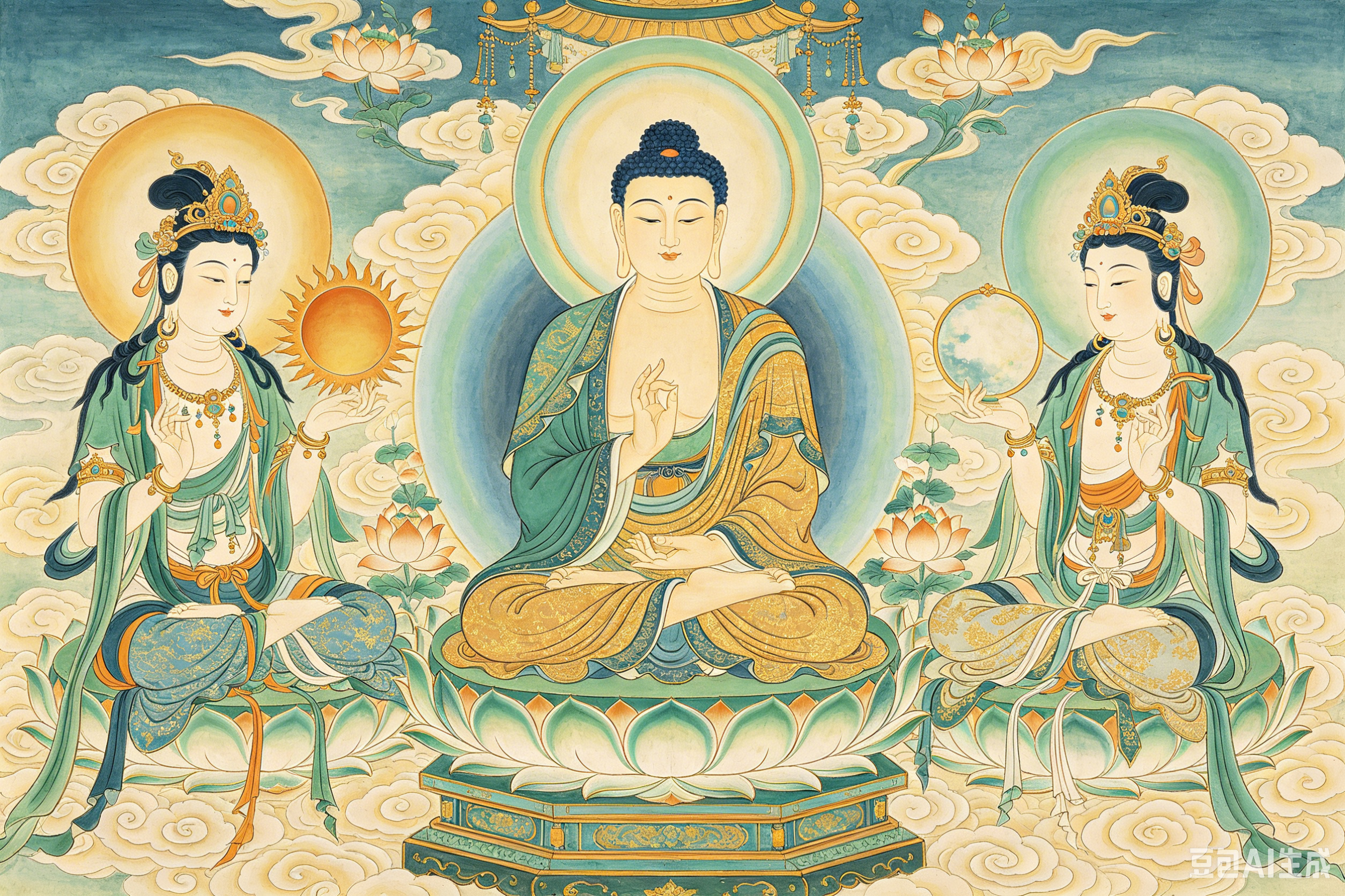 东方净琉璃世界三圣 药师如来佛日光菩萨月光菩萨