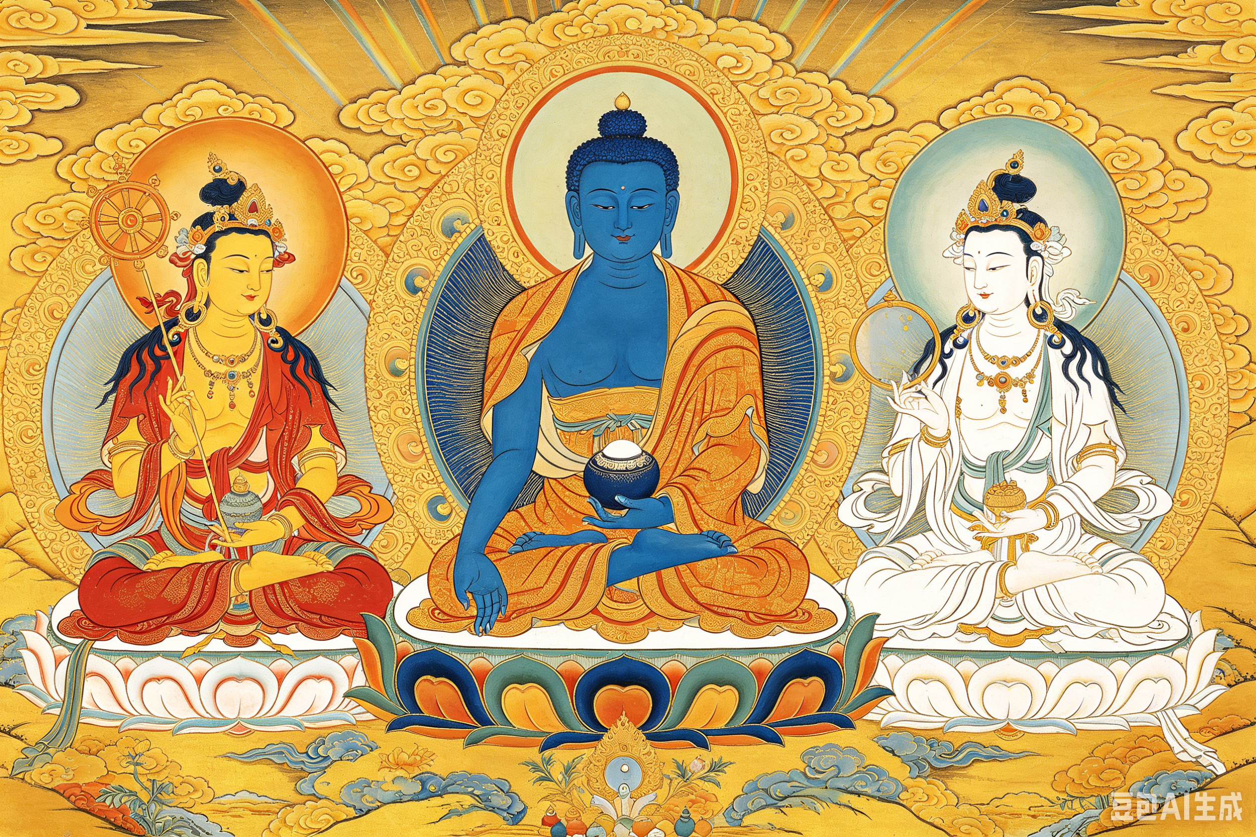 东方净琉璃世界三圣 药师如来佛日光菩萨月光菩萨-虚空藏资源网