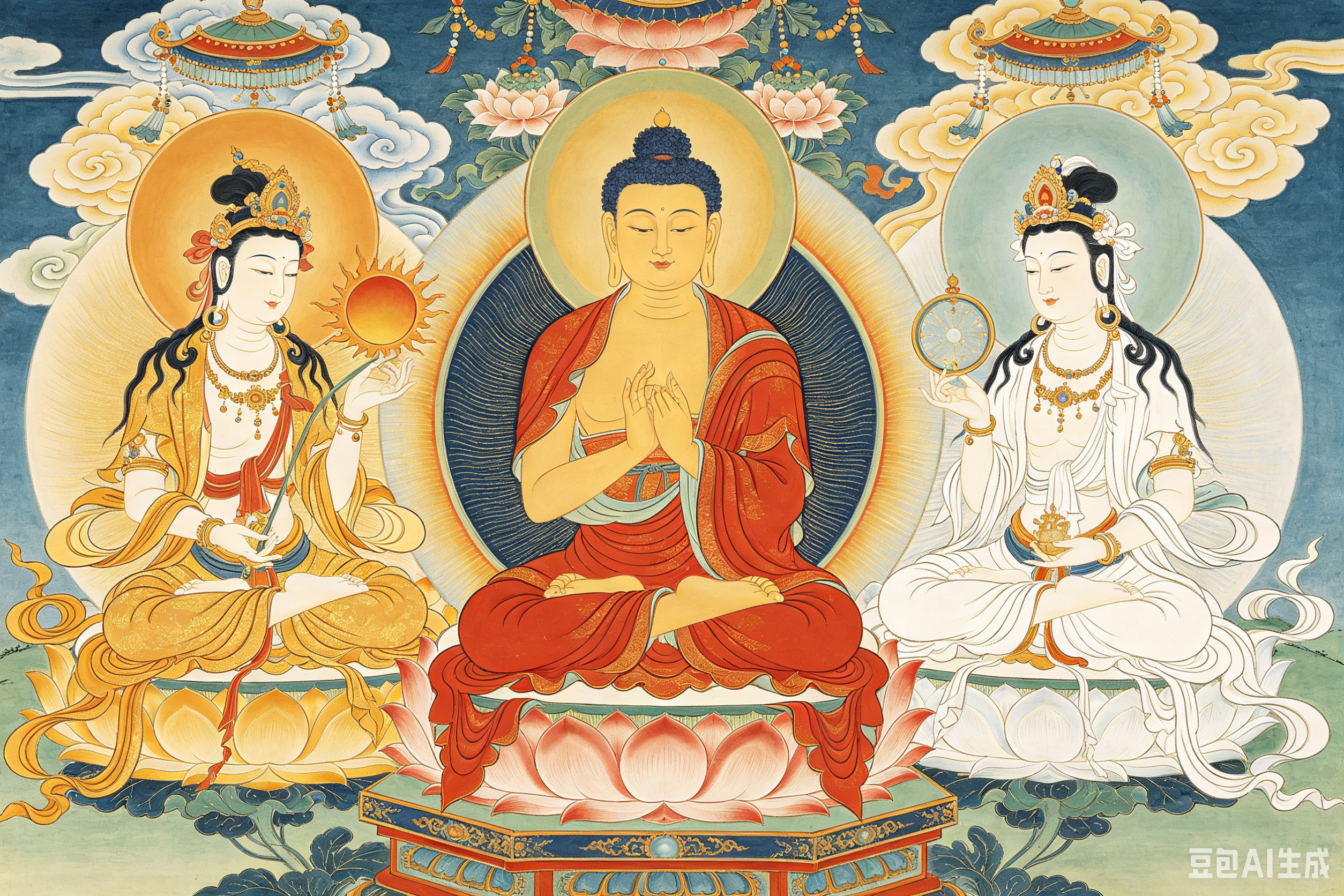 东方净琉璃世界三圣 药师如来佛日光菩萨月光菩萨